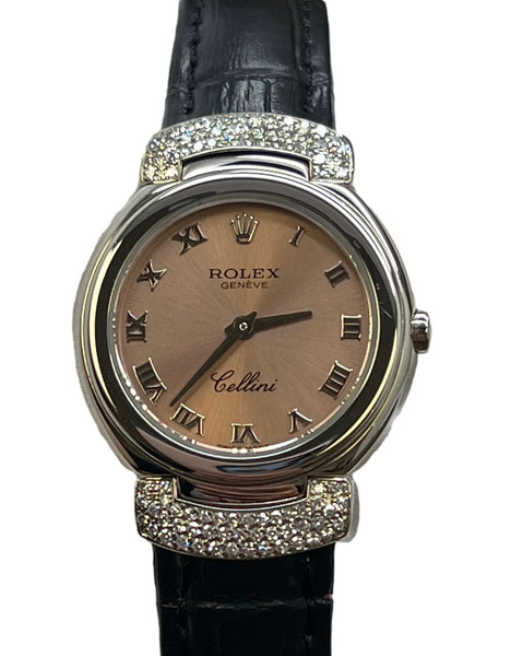 Rolex Cellini Cellissima Diamond Lugs 18K White Gold 6672 Salmon Roman Dial Quartz Women's Watch