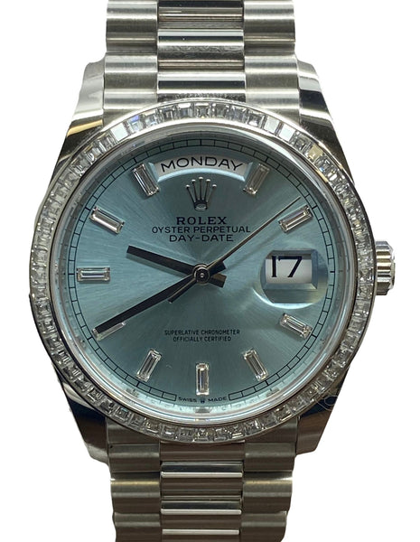 Rolex Platinum Day Date 36mm 128396TBR Ice Blue Baguette Diamond Dial Automatic Watch