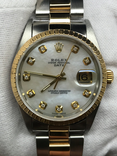 Rolex Oyster Perpetual Date 2-Tone 18K Gold/SS 34mm Automatic Watch w/MOP  Diamond Dial & Bezel